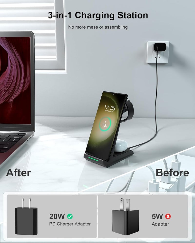 NANAMI  Wireless Charger for Samsung - 3 in 1 Charging Station for Multiple Devices, Fast Charger Stand for Galaxy S25 S24 S23 Ultra S22 S21 Z Flip Fold 4,Galaxy Watch 6/5/5 Pro/4/3, Galaxy Buds 2 Pro - Image 3